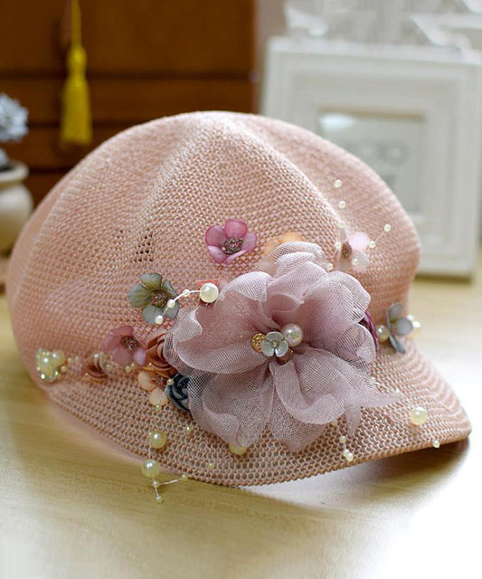 Chapeau tissé original en herbe fleurie, neuf et respirant, rose perle
