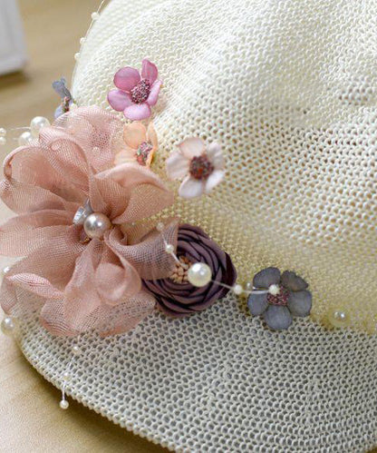 Chapeau tissé original en herbe fleurie, neuf et respirant, rose perle