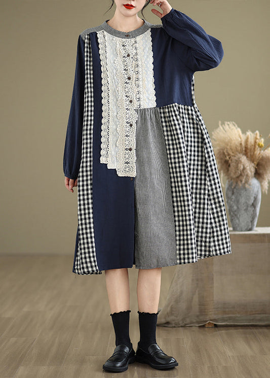 O-Ausschnitt Herbst Plaid Patchwork Original Kleider Lange Spitze