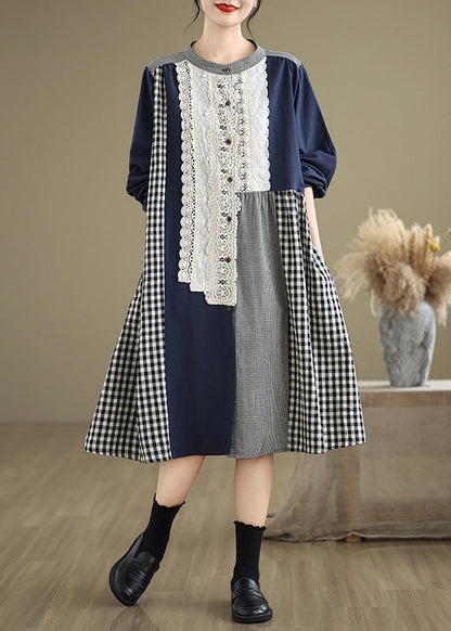 O-Ausschnitt Herbst Plaid Patchwork Original Kleider Lange Spitze