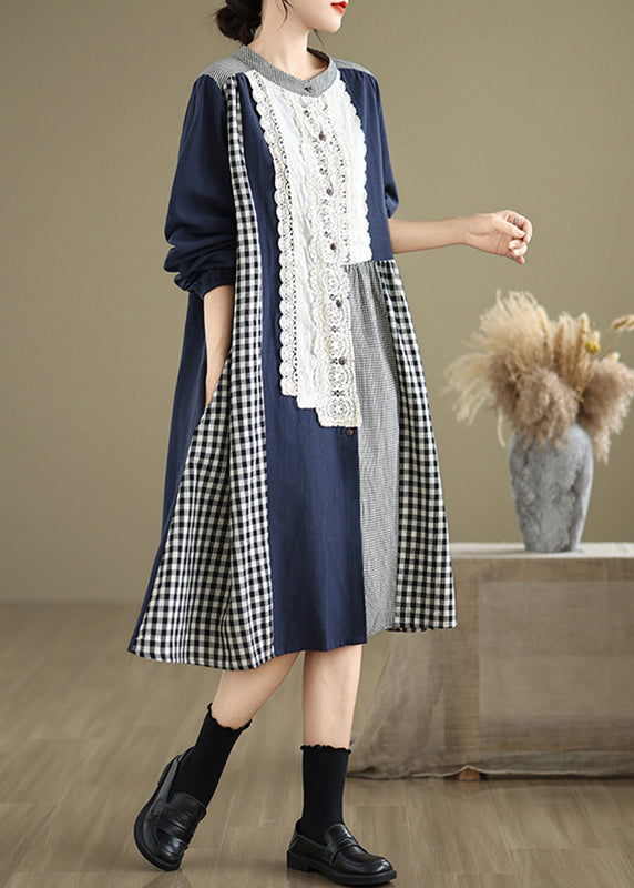 O-Ausschnitt Herbst Plaid Patchwork Original Kleider Lange Spitze