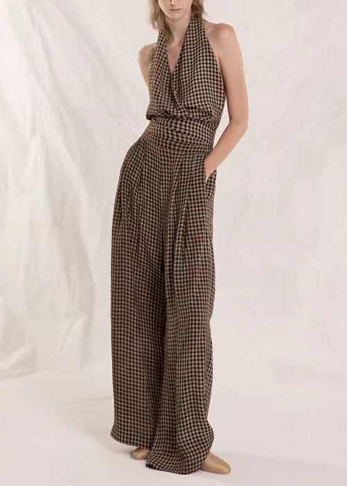 Original Plaid Tank Top And High Waist Wide Leg Pants Two Pieces Summer EE1007