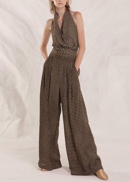 Original Plaid Tank Top And High Waist Wide Leg Pants Two Pieces Summer EE1007