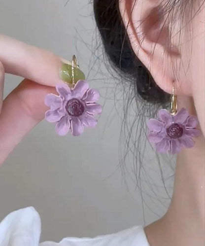 Boucles d'oreilles pendantes florales originales en cuivre violet surdoré YZ015