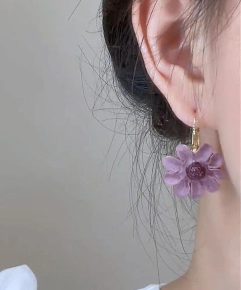 Boucles d'oreilles pendantes florales originales en cuivre violet surdoré YZ015