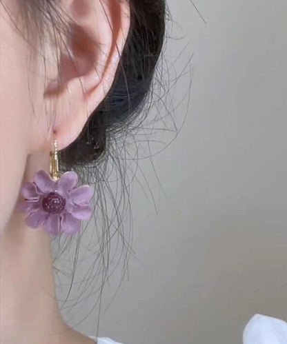 Boucles d'oreilles pendantes florales originales en cuivre violet surdoré YZ015
