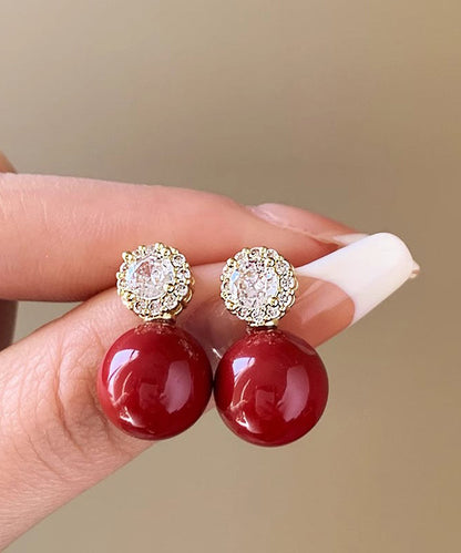 Original Red Copper Alloy Zircon Pearl Stud Earrings ET027