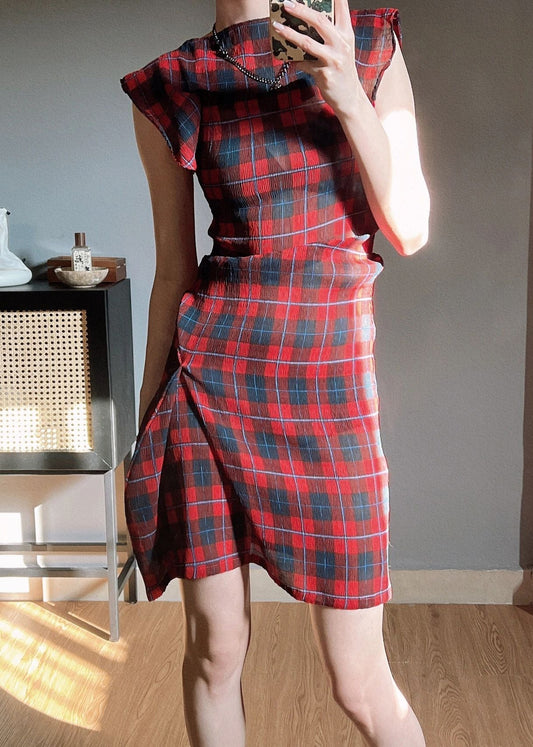 Original Rot Plaid O Neck Faltig Chiffon Kleid Schmetterling Ärmel WW1005