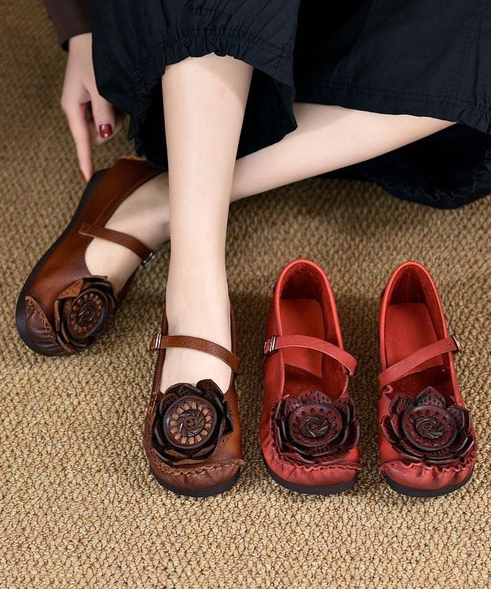 Original Retro Rote Blumen Weiche Sohle Rindsleder Leder Flats Schuhe RT1024