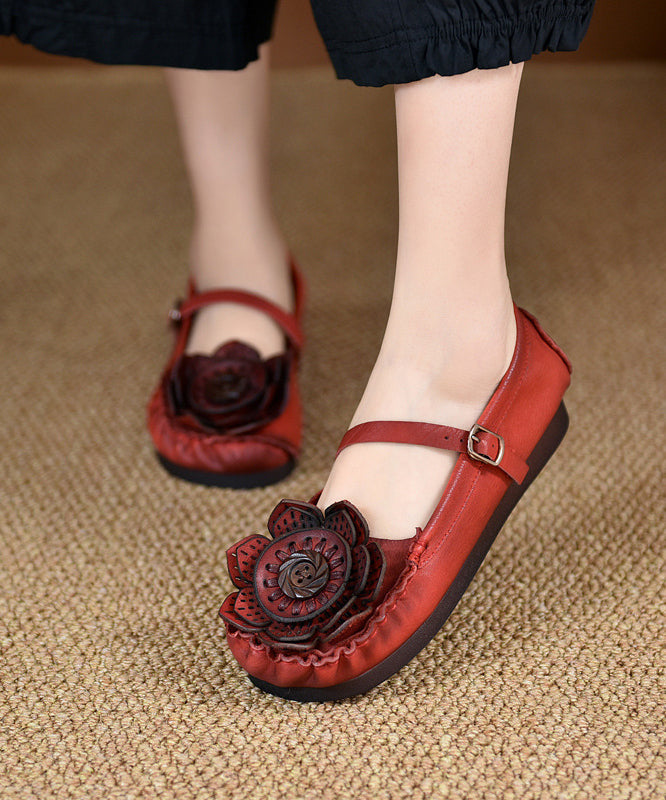 Original Retro Rote Blumen Weiche Sohle Rindsleder Leder Flats Schuhe RT1024