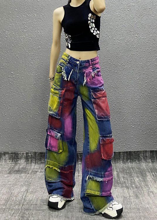 Original Tie Dye Tassel Pockets Patchwork Denim Wide Leg Pants Fall RI011