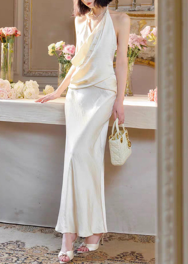 Original Pearl Langes Seidenkleid mit rückenfreiem Halsausschnitt und V-Ausschnitt in Weiß