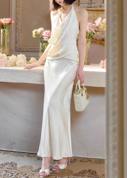 Original Pearl Langes Seidenkleid mit rückenfreiem Halsausschnitt und V-Ausschnitt in Weiß
