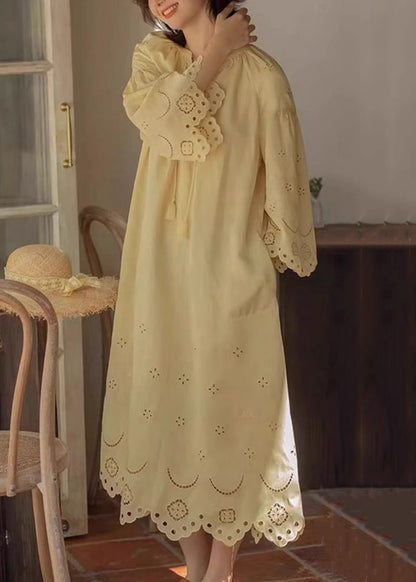 Cotton Lace Hollow Long Original Dresses Out Up Fall Yellow