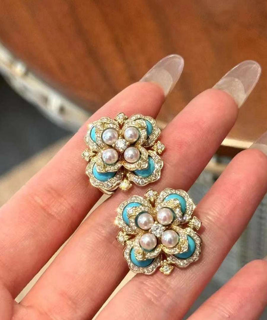 Oversize Colorblock Alloy Pearl Zircon Turquoise Stud Earrings QI055