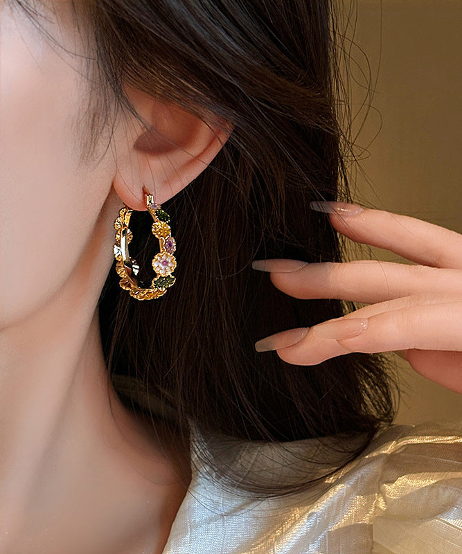 Oversize Gold Copper Alloy Floral Drip Glaze Hoop Earrings WZ003