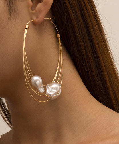 Oversize Gold Multi Layer Metal Pearl Drop Earrings YI005