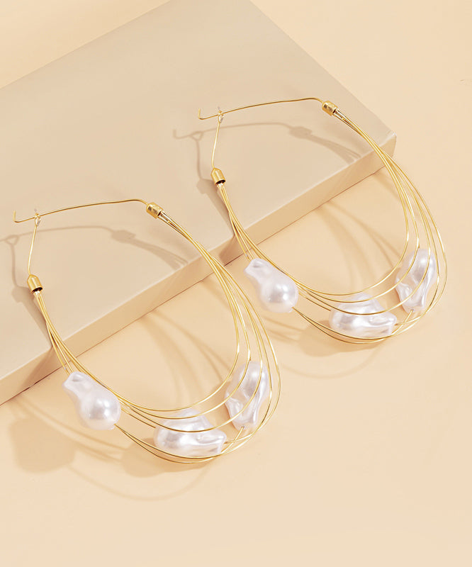 Oversize Gold Multi Layer Metal Pearl Drop Earrings YI005