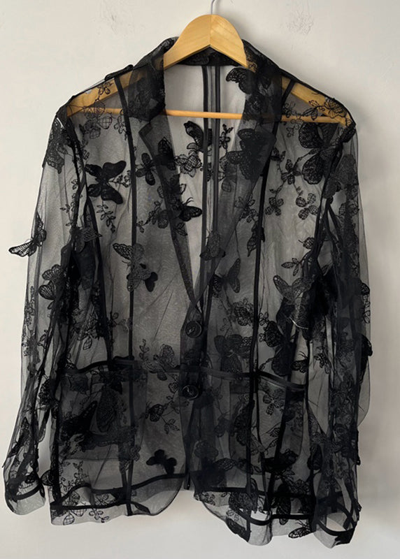 Oversized Black Notched Butterfly Embroidered Men Tulle Shirt Summer TR010