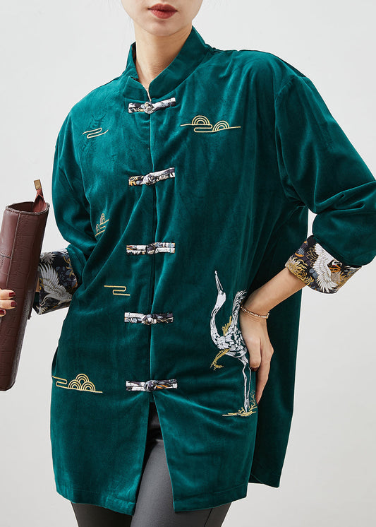 Peacock Green Velour Shirts Embroidered Chinese Button Spring YU1059