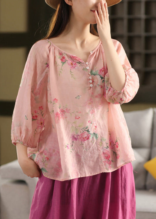 Print Button Pink V Summer Neck Blouse Linen Top