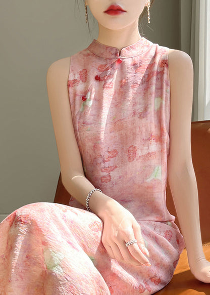 Button Long Dresses Cotton Summer Silk Collar Pink Stand