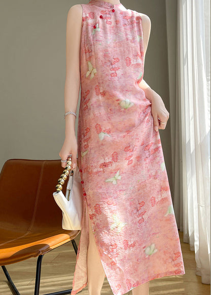 Button Long Dresses Cotton Summer Silk Collar Pink Stand