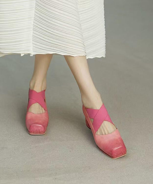 Pink Chunky Heel Horsehide Elegant Splicing Cross Strap YC027