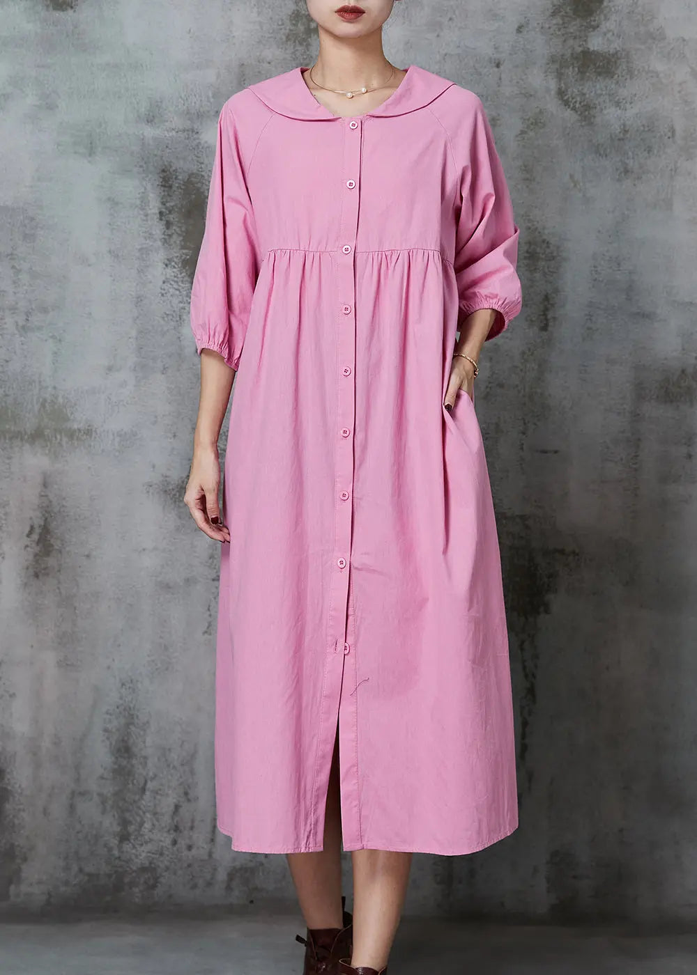 Pink Cotton Long Dresses Oversized Button Down Half Sleeve JK1009 Ada Fashion