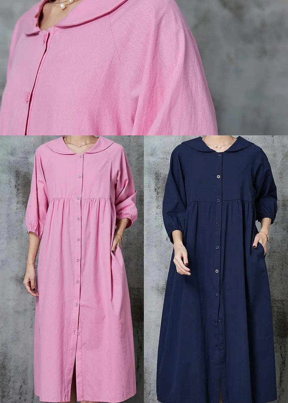 Pink Cotton Long Dresses Oversized Button Down Half Sleeve JK1009 Ada Fashion