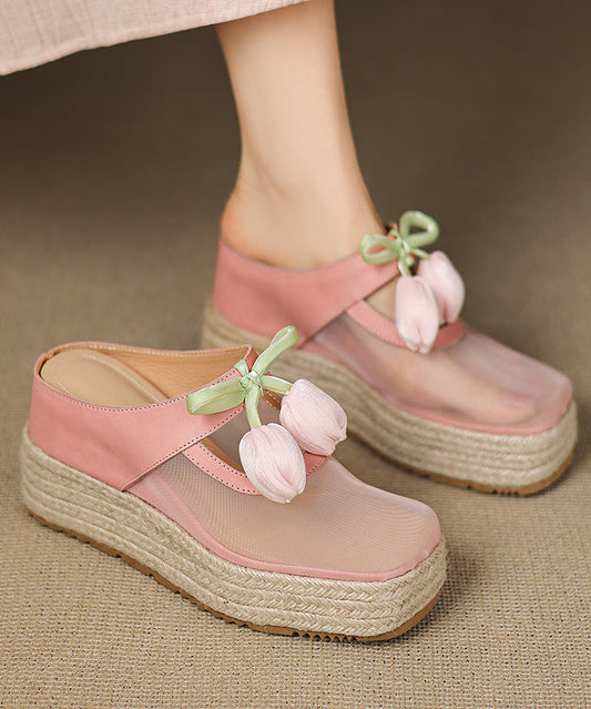 Leather Slide Pink Wedge Cowhide Sandals Heels Tulle Splicing