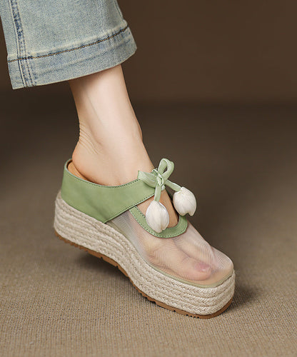 Leather Slide Pink Wedge Cowhide Sandals Heels Tulle Splicing