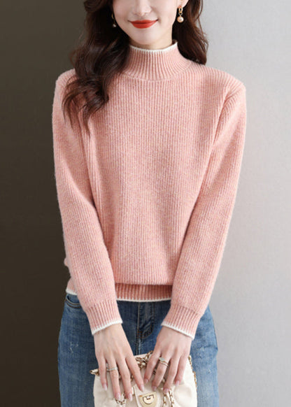 Pull col roulé rose en tricot épais et confortable pour l'automne QS032