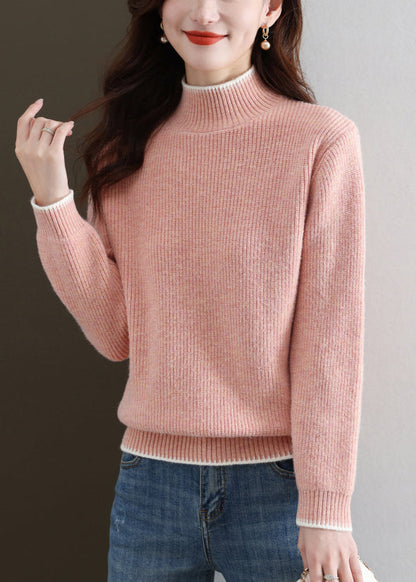 Pull col roulé rose en tricot épais et confortable pour l'automne QS032