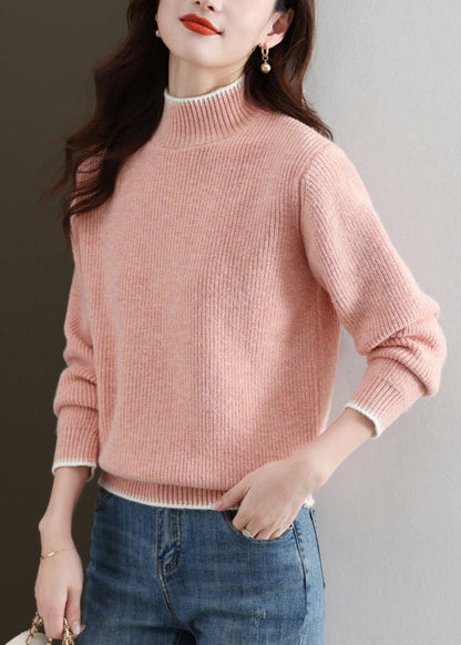 Pull col roulé rose en tricot épais et confortable pour l'automne QS032