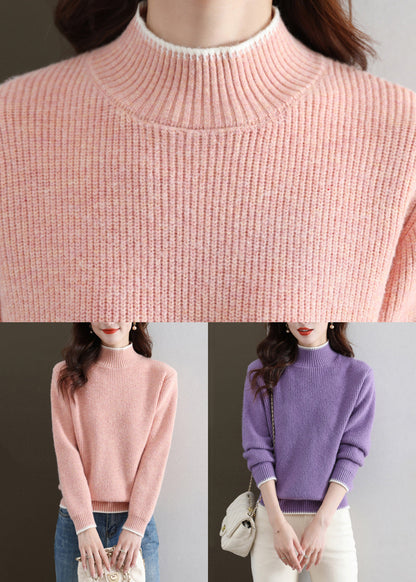 Pull col roulé rose en tricot épais et confortable pour l'automne QS032