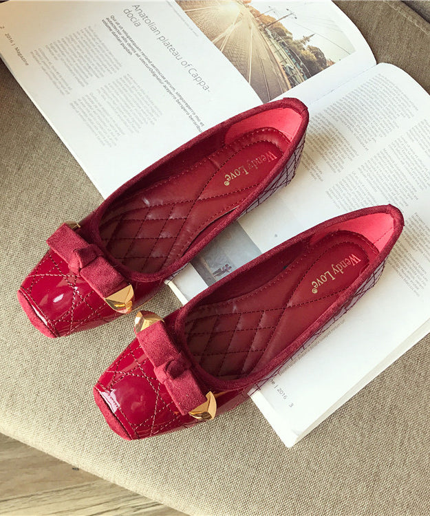 Toe Leather Splicing Flats Pink Women Square Faux Bow