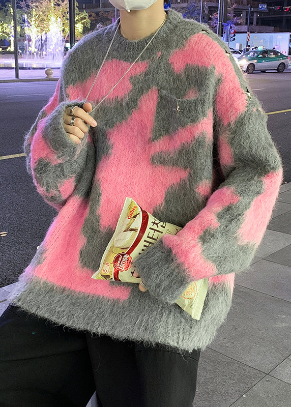 Rosa geometrischer gemütlicher Strickpullover für Herren, O-Ausschnitt, Winter, RC031