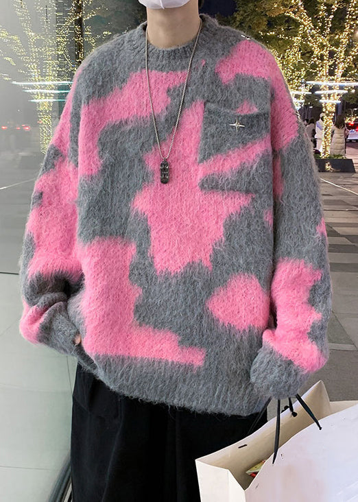 Rosa geometrischer gemütlicher Strickpullover für Herren, O-Ausschnitt, Winter, RC031