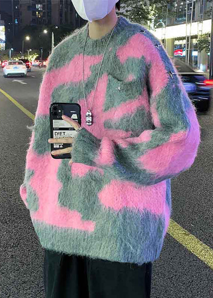 Rosa geometrischer gemütlicher Strickpullover für Herren, O-Ausschnitt, Winter, RC031