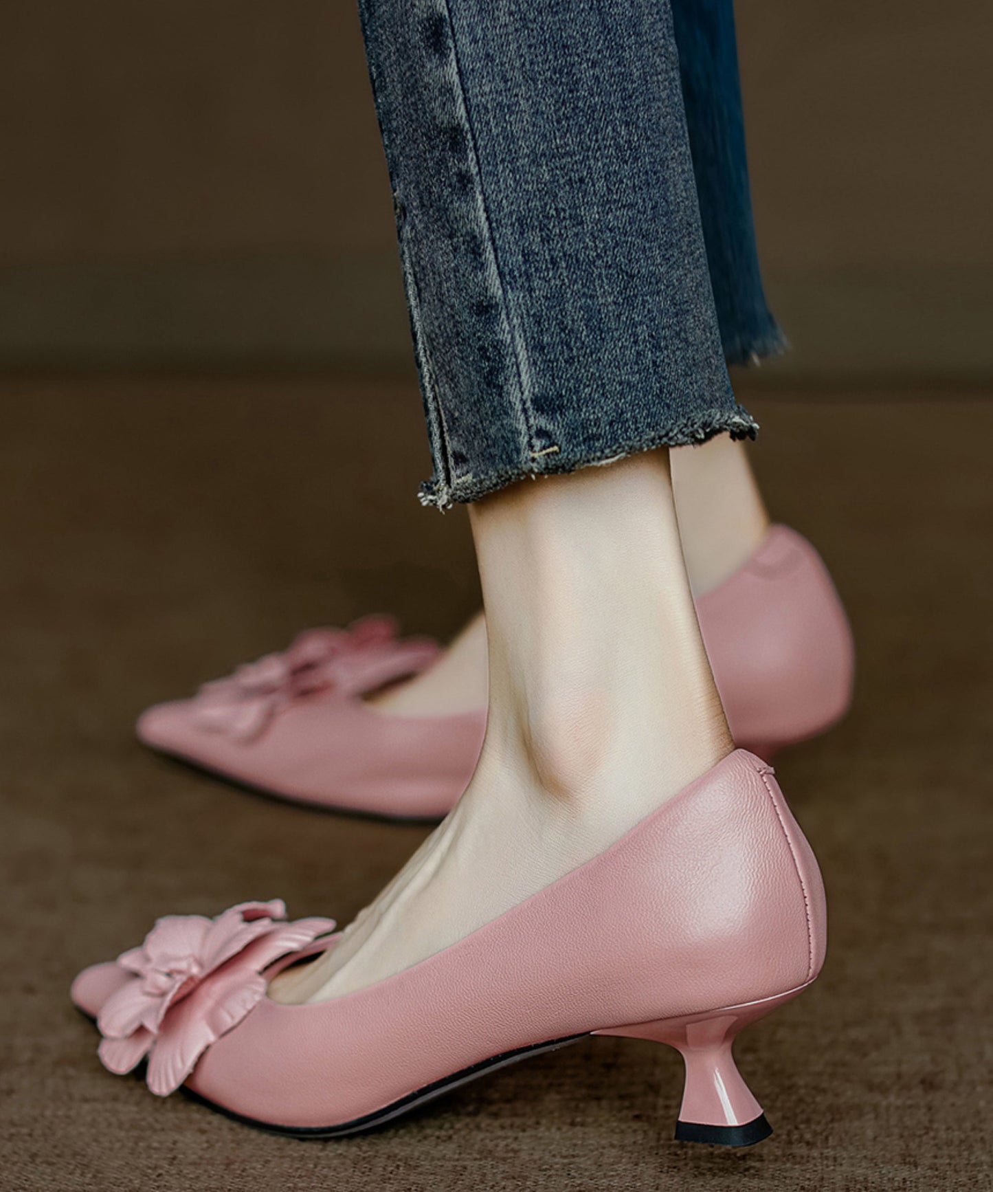 Heel Pink Floral Toe Splicing Unique High Pointed Sheepskin