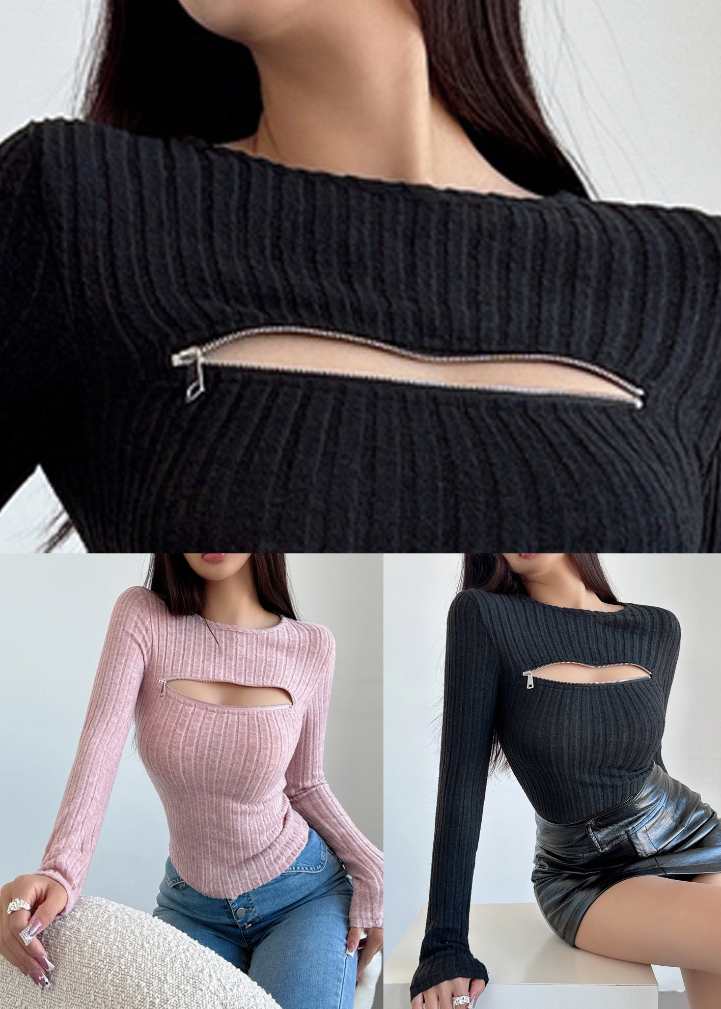 Pulls d'automne en tricot rose ajouré avec fermeture éclair AL1052