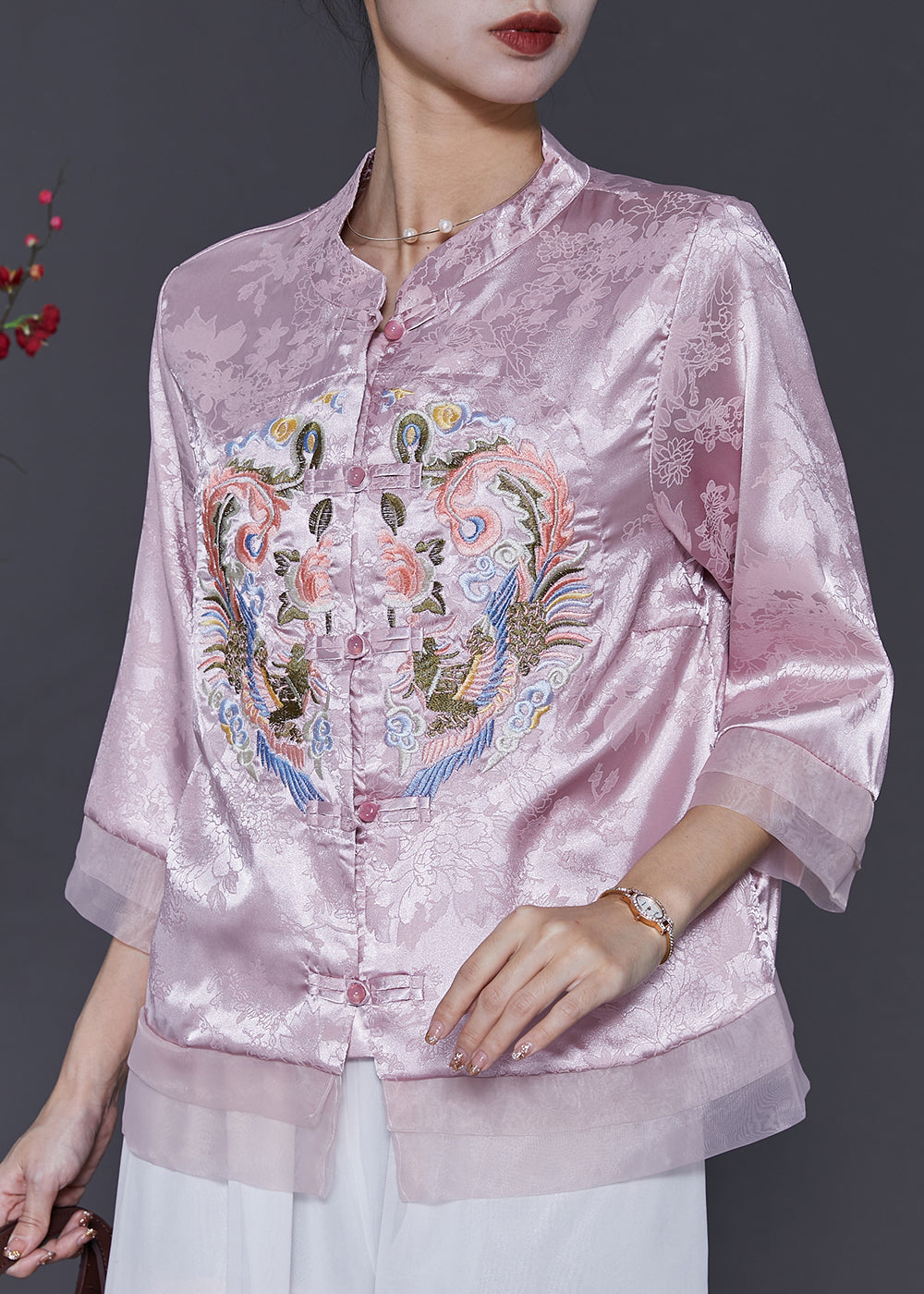 Rosa Jacquard Seide Chinesischen Stil Hemd Top Bestickt Frühling SD1078