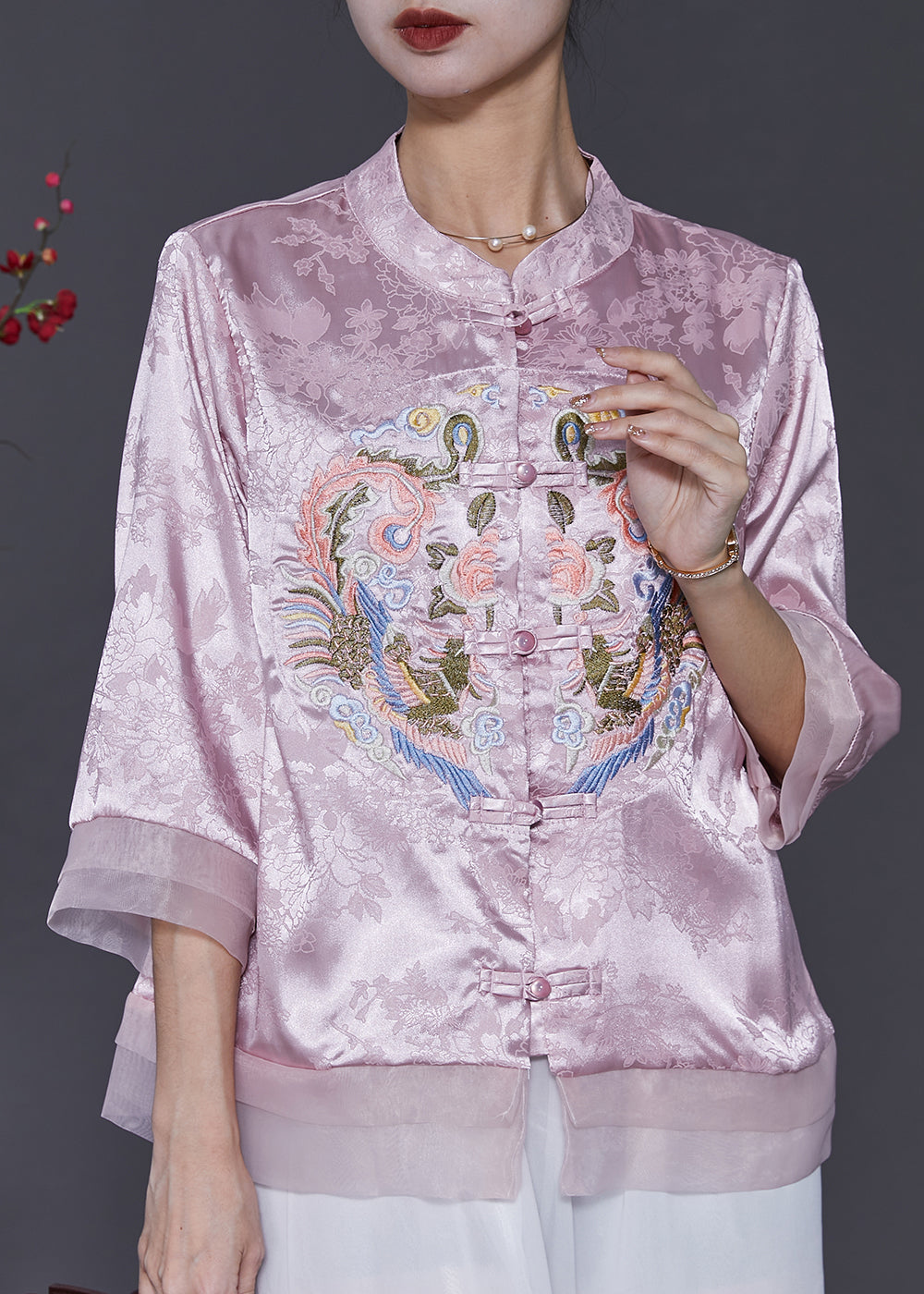 Rosa Jacquard Seide Chinesischen Stil Hemd Top Bestickt Frühling SD1078