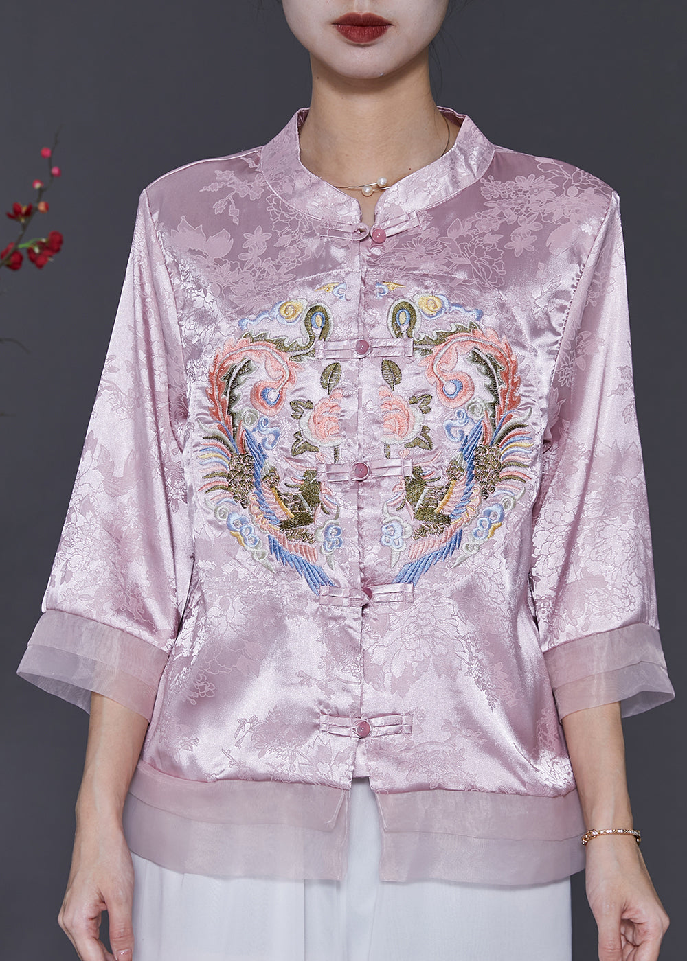 Rosa Jacquard Seide Chinesischen Stil Hemd Top Bestickt Frühling SD1078