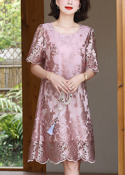 Robe mi-longue en soie jacquard rose coupe ajustée été YY006