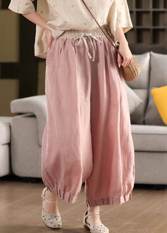 Pantalon d'été à lacets en lin rose patchwork élastique court