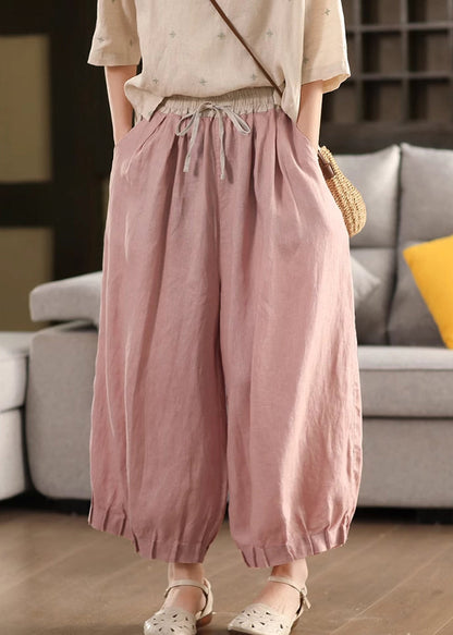 Pantalon d'été à lacets en lin rose patchwork élastique court