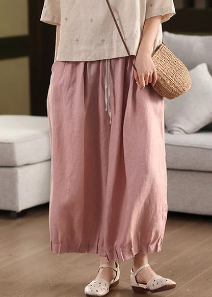 Pantalon d'été à lacets en lin rose patchwork élastique court