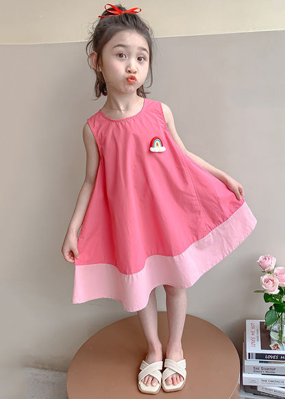 Robe d'été en coton rose à col rond pour fille, patchwork confortable EW048